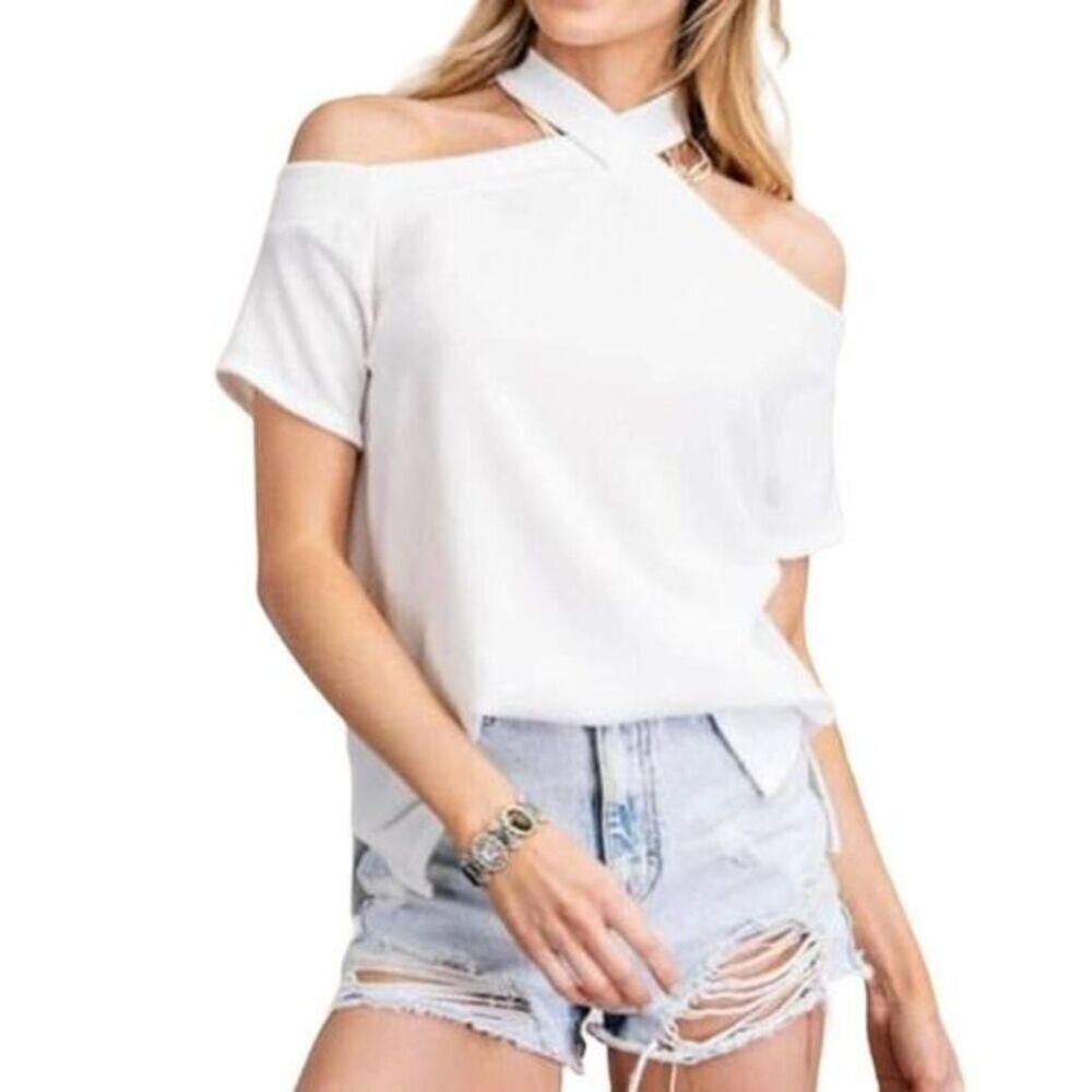 White Cross Neck Front Cut Out Blouse | 143 Story |‎ Large | NWT #0151
